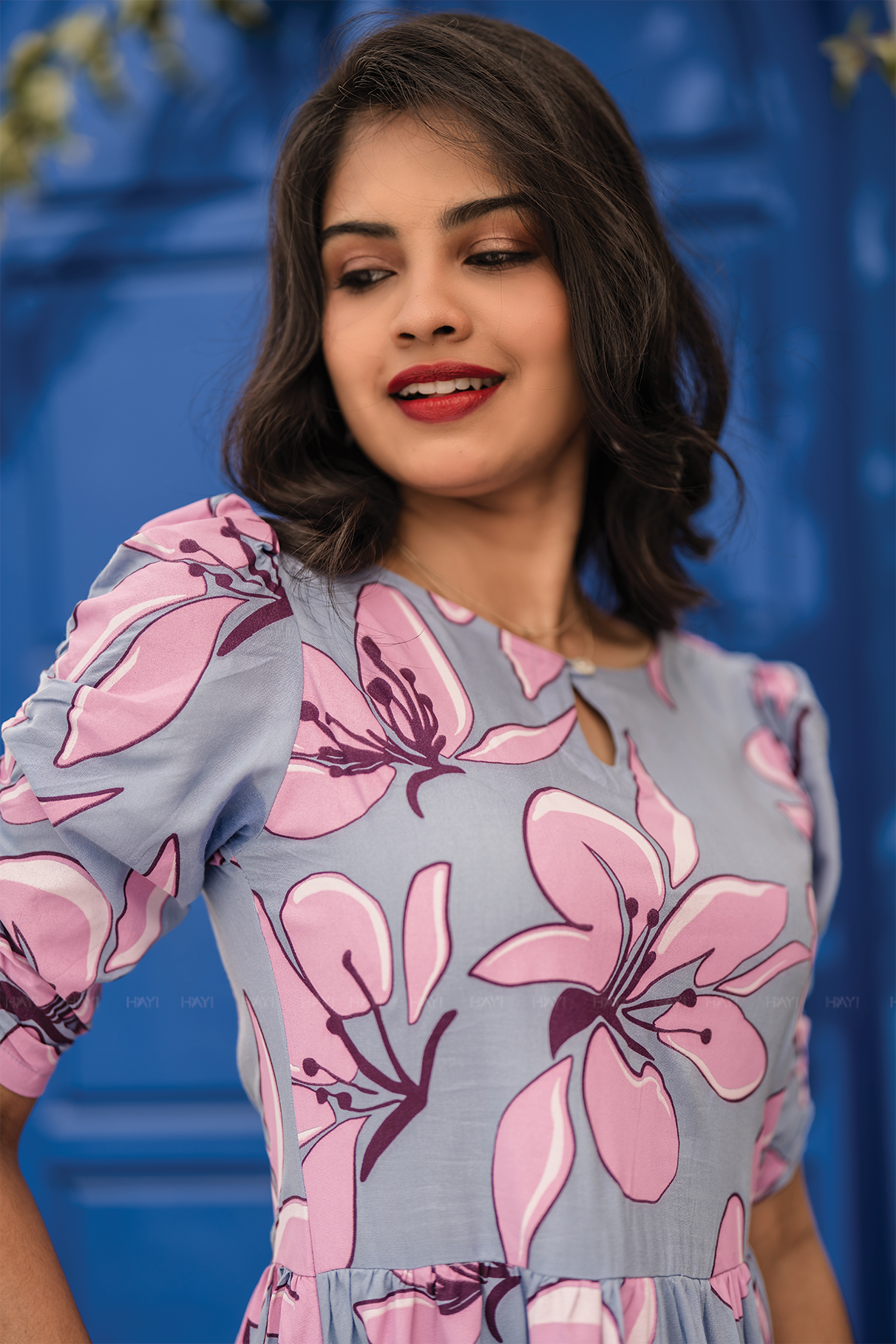 Drifting Blossoms Blue Viscose Dress with Boat Neck &amp; Ruched Sleeves