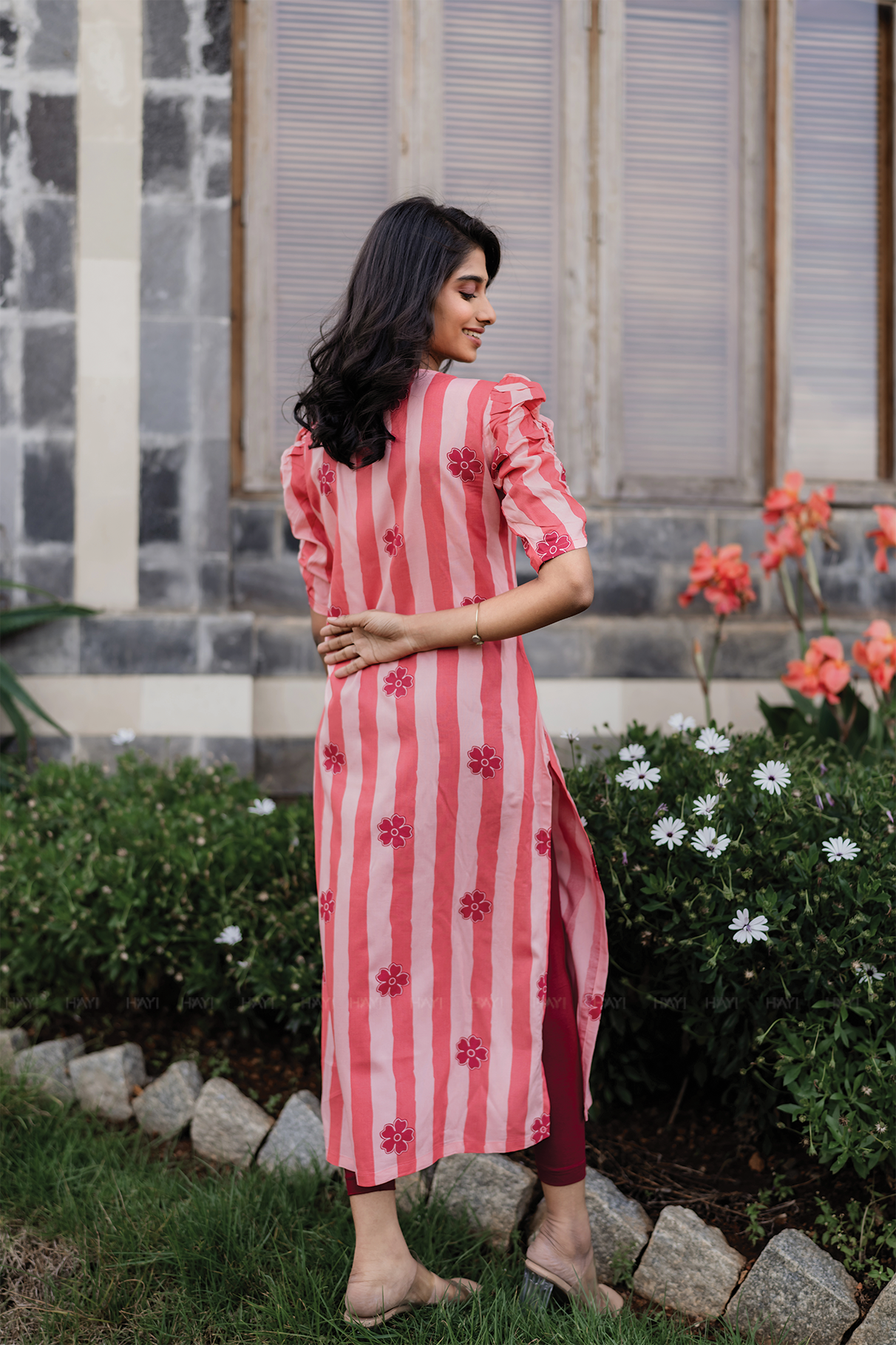 Peachy Stripes Viscose Kurta with Ruched Sleeves