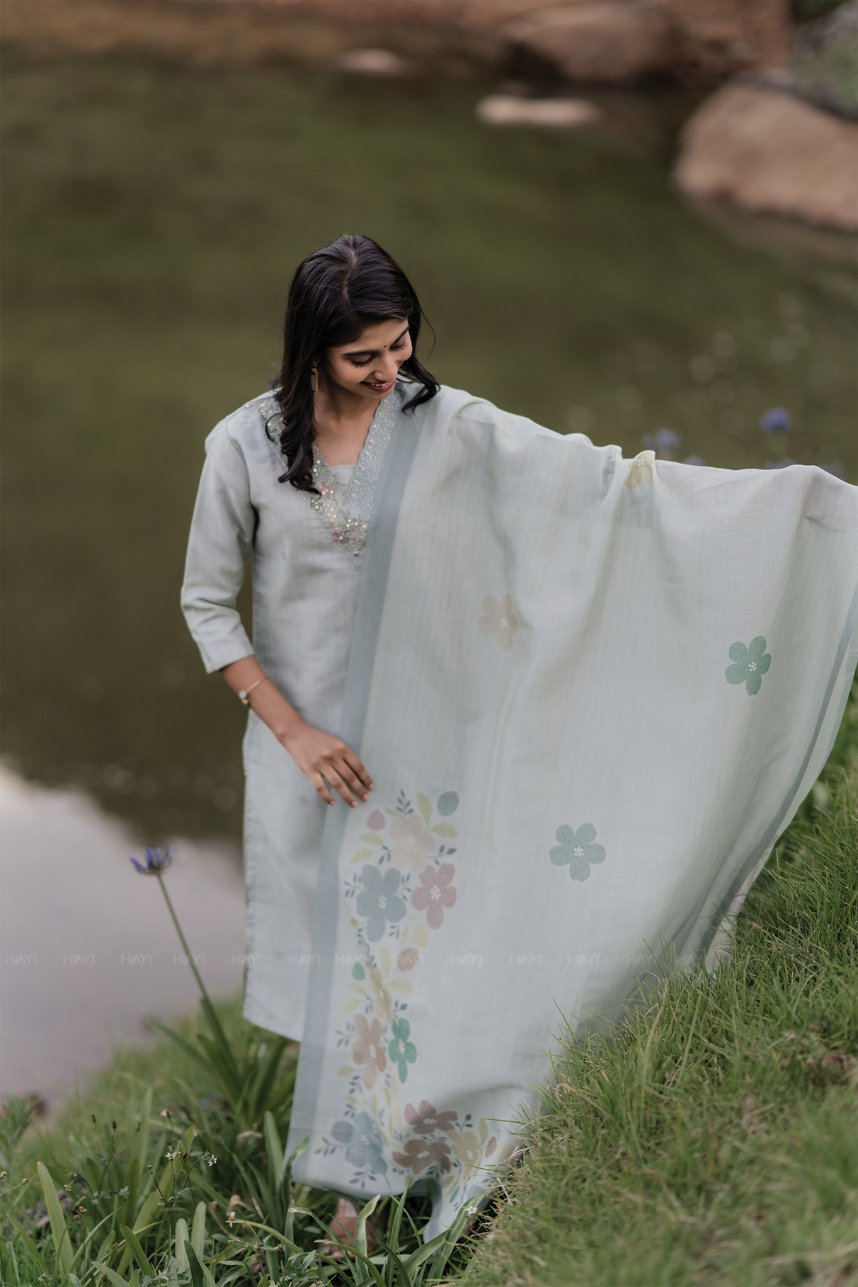 Willowshine Green Embroidery Organza Silk Kurta set with Dupatta