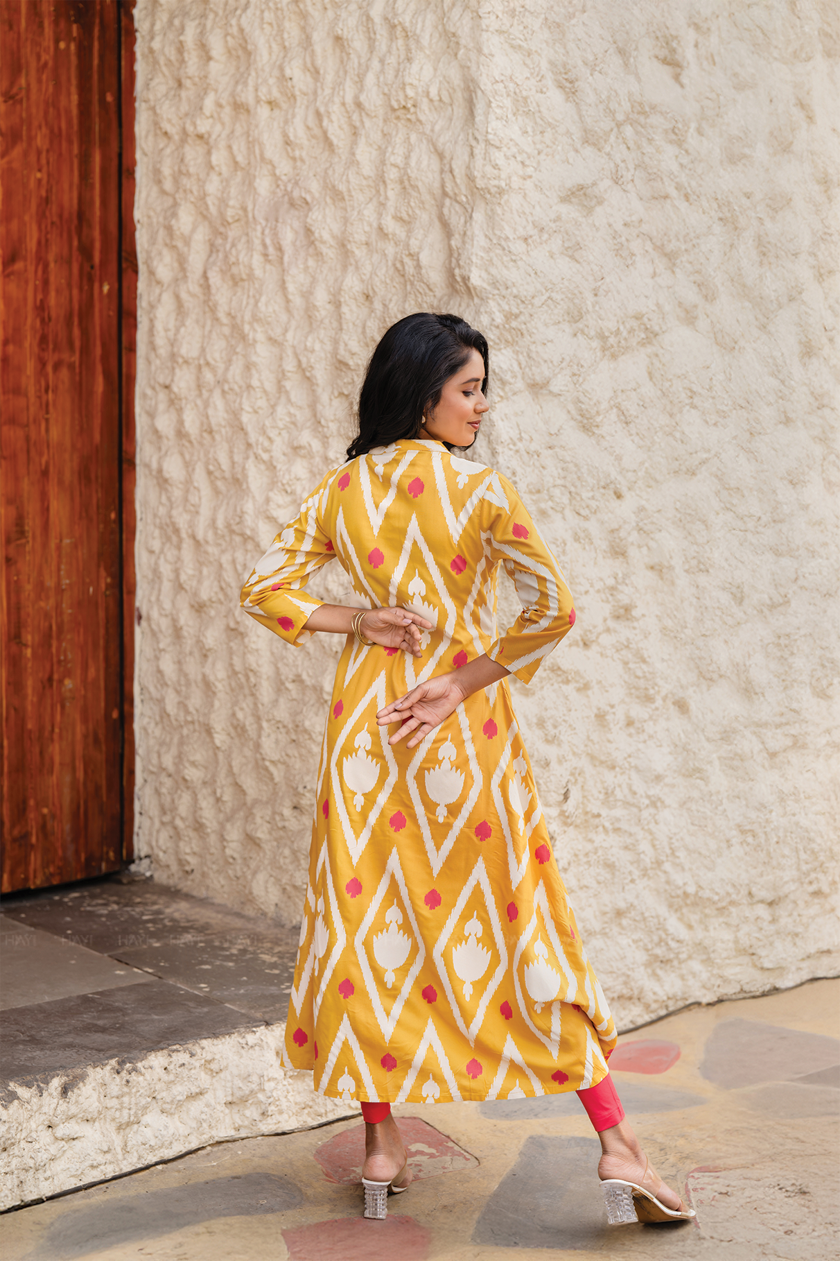 Ikat Flow Yellow Viscose A-Line Kurta with Chinese Collar &amp; 3/4th Sleeves