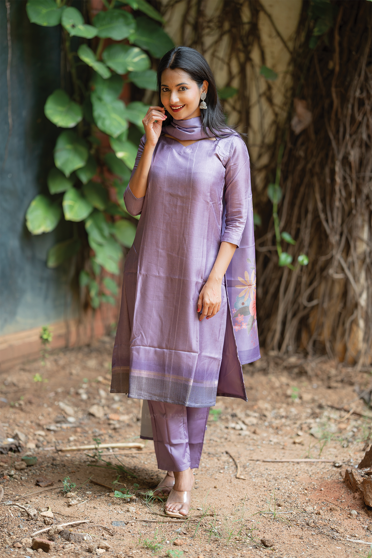 Lavender Hexa Violet 3 Piece Tussar Silk Kurta Set with Dupatta