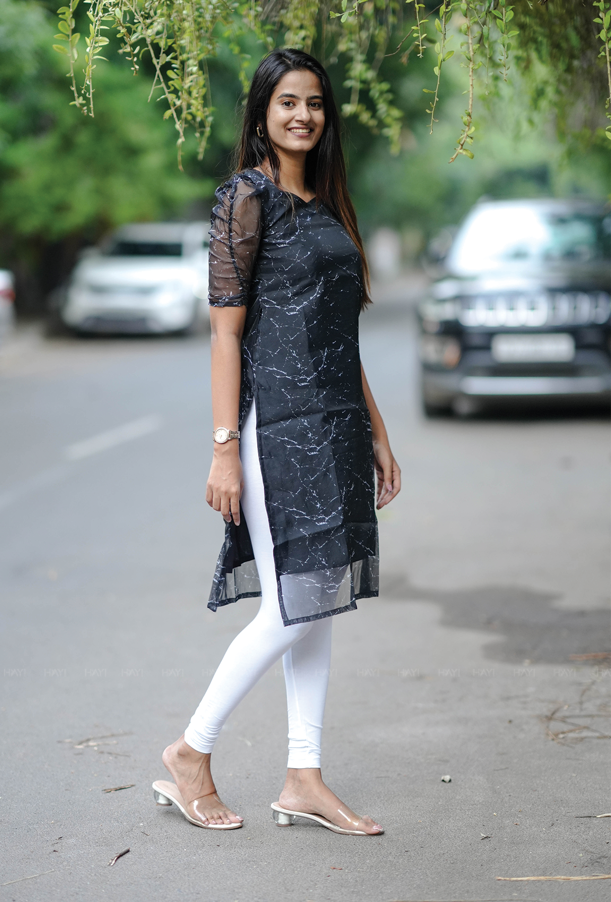 Fused Black with Silver Gleam printed Organza kurta