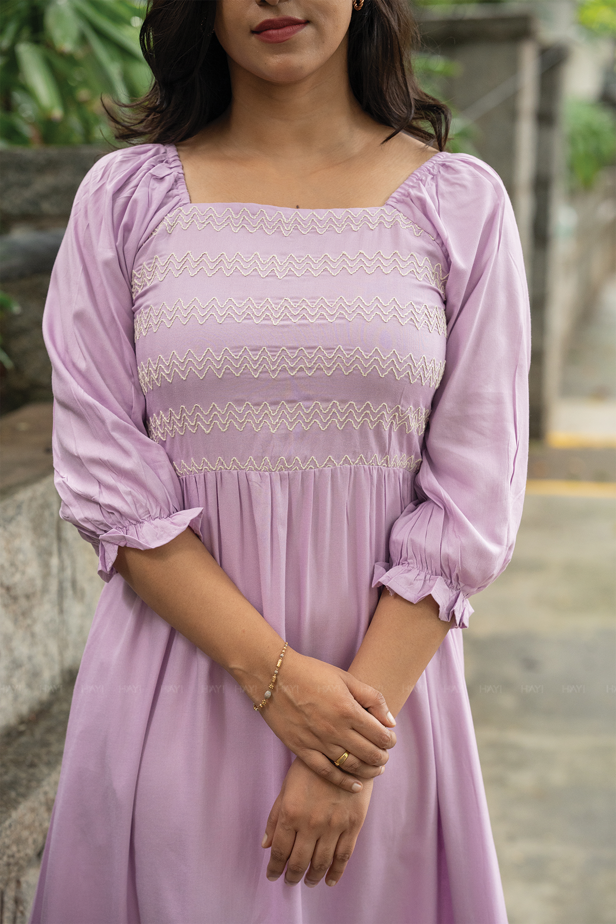Lavender Fantasy Viscose Dress with Shoulder Elastic &amp; Embroidery