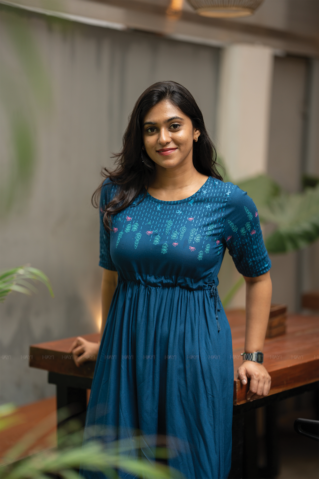 Blue Dessert Blue Viscose Dress with Round Neck &amp; Placement Detail