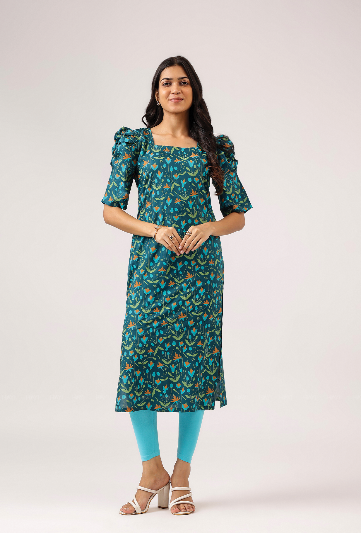Rouge Teal Green with Evergreen Bloom floral printed Viscose Kurta