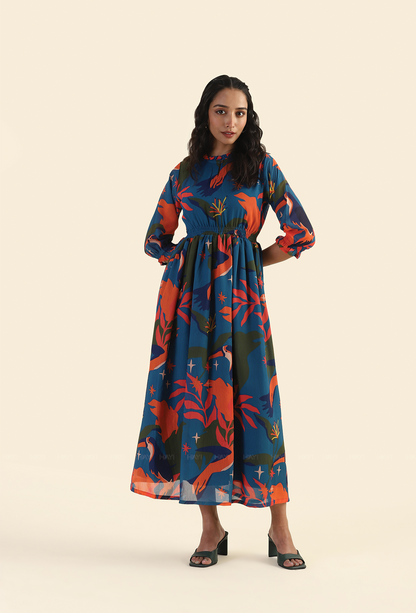 Jungle Blue Fluttering Wings Viscose Printed Dress