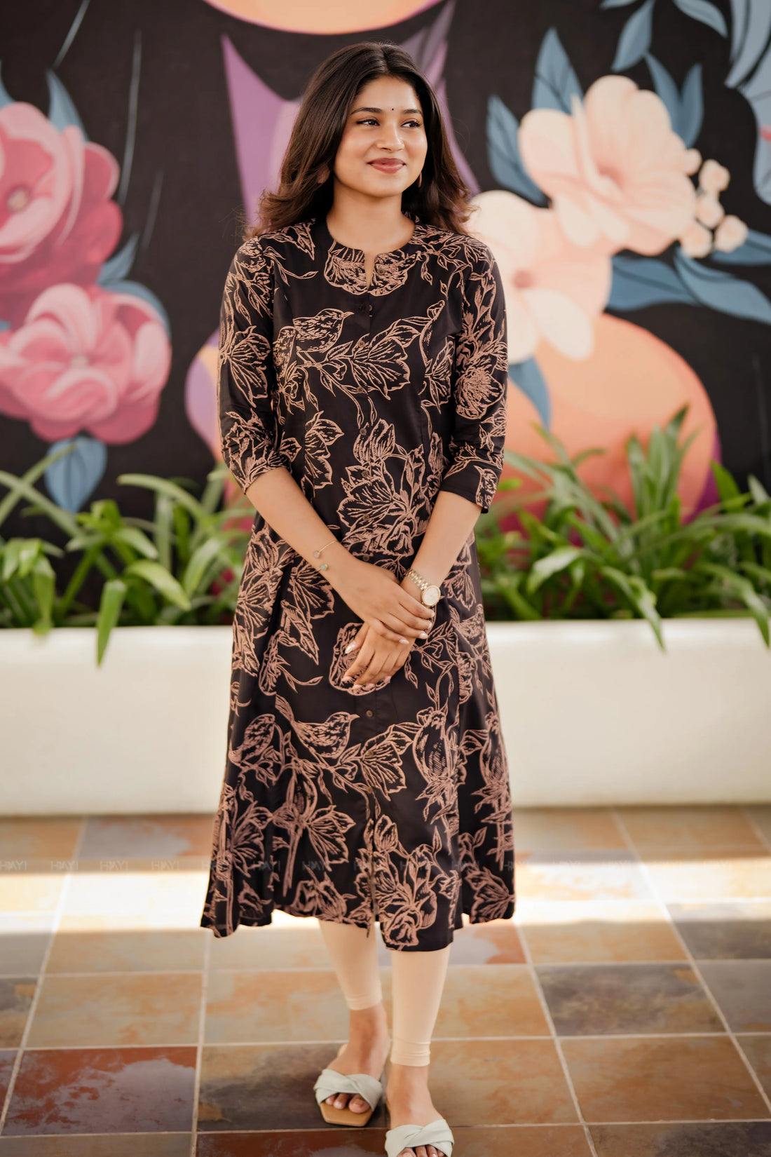 Cocoa Bloom  Deep Brown Viscose Printed Noir Bloom A-Line Outfit