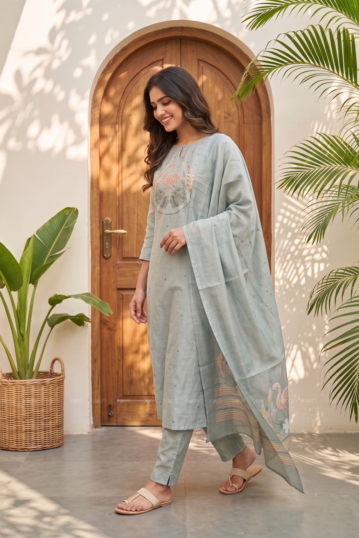 Swanstone Grey Embroidered Tussar Silk Kurta Set