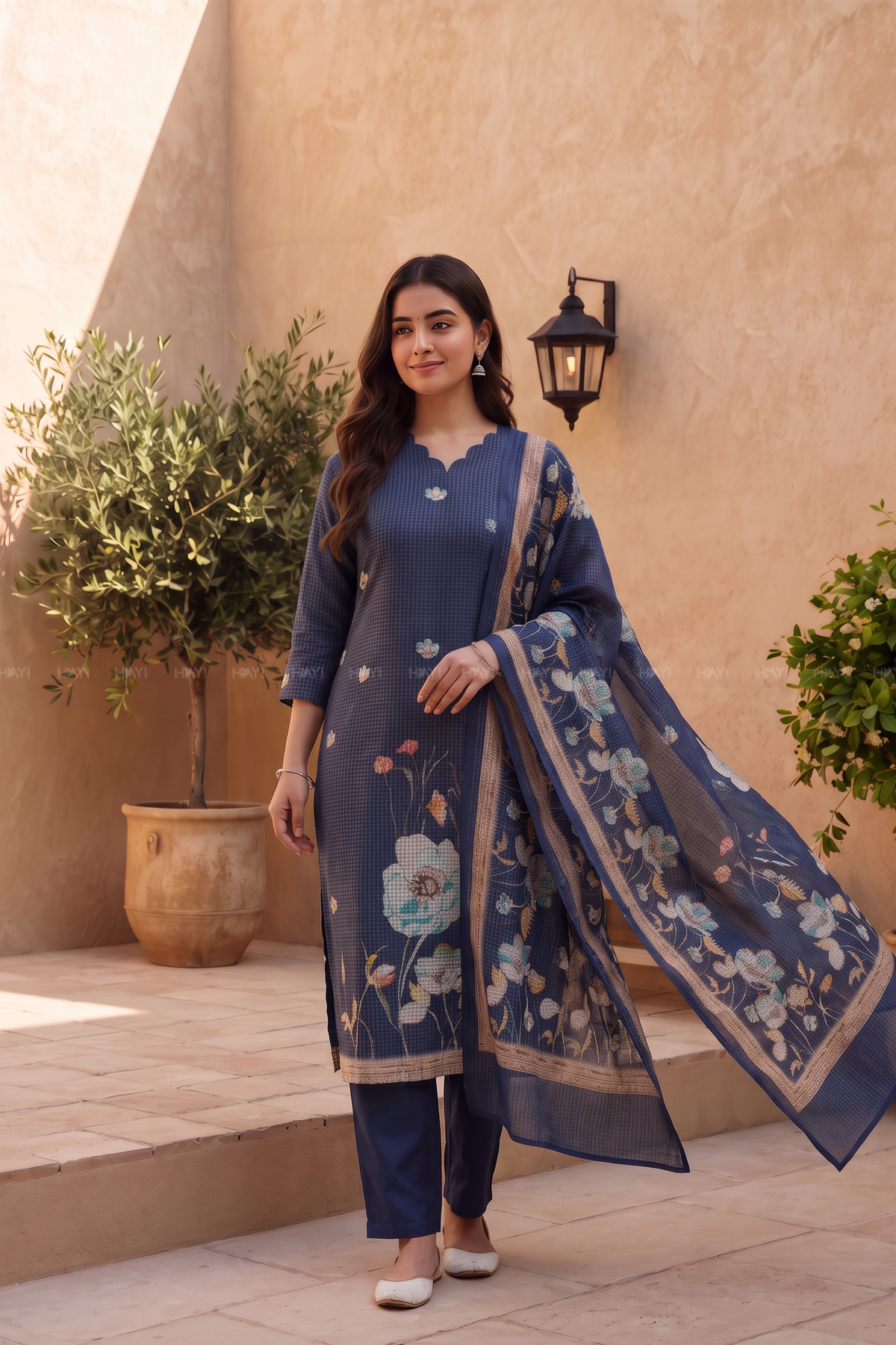 Navy Elegance Navy Silk Blend Printed 3-Piece Kurta Set