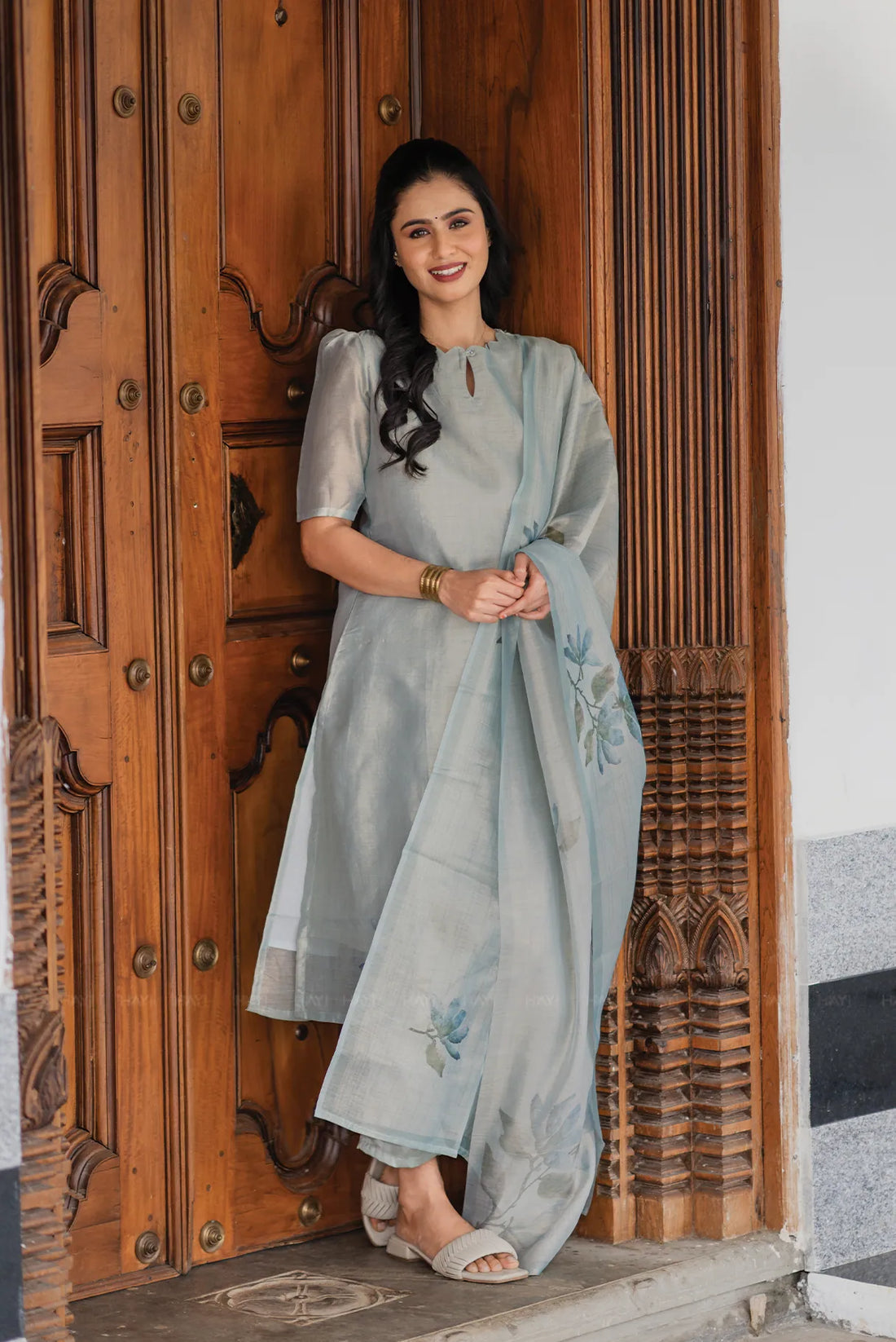 Periwinkle 3 Piece Blue Shimmer Tissue Printed Kurta with Pant &amp; Dupatta
