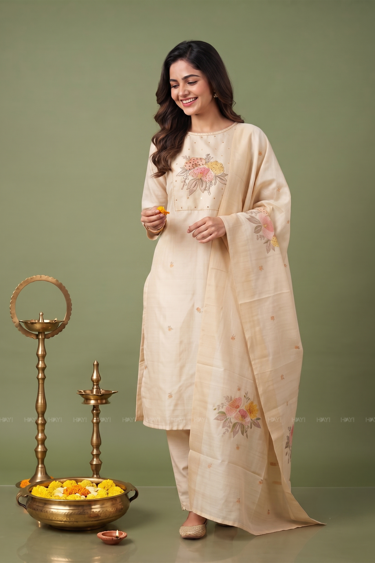 Fable Blossom Embroidered 3 Piece Butter Silk Blend Kurta Set with Dupatta