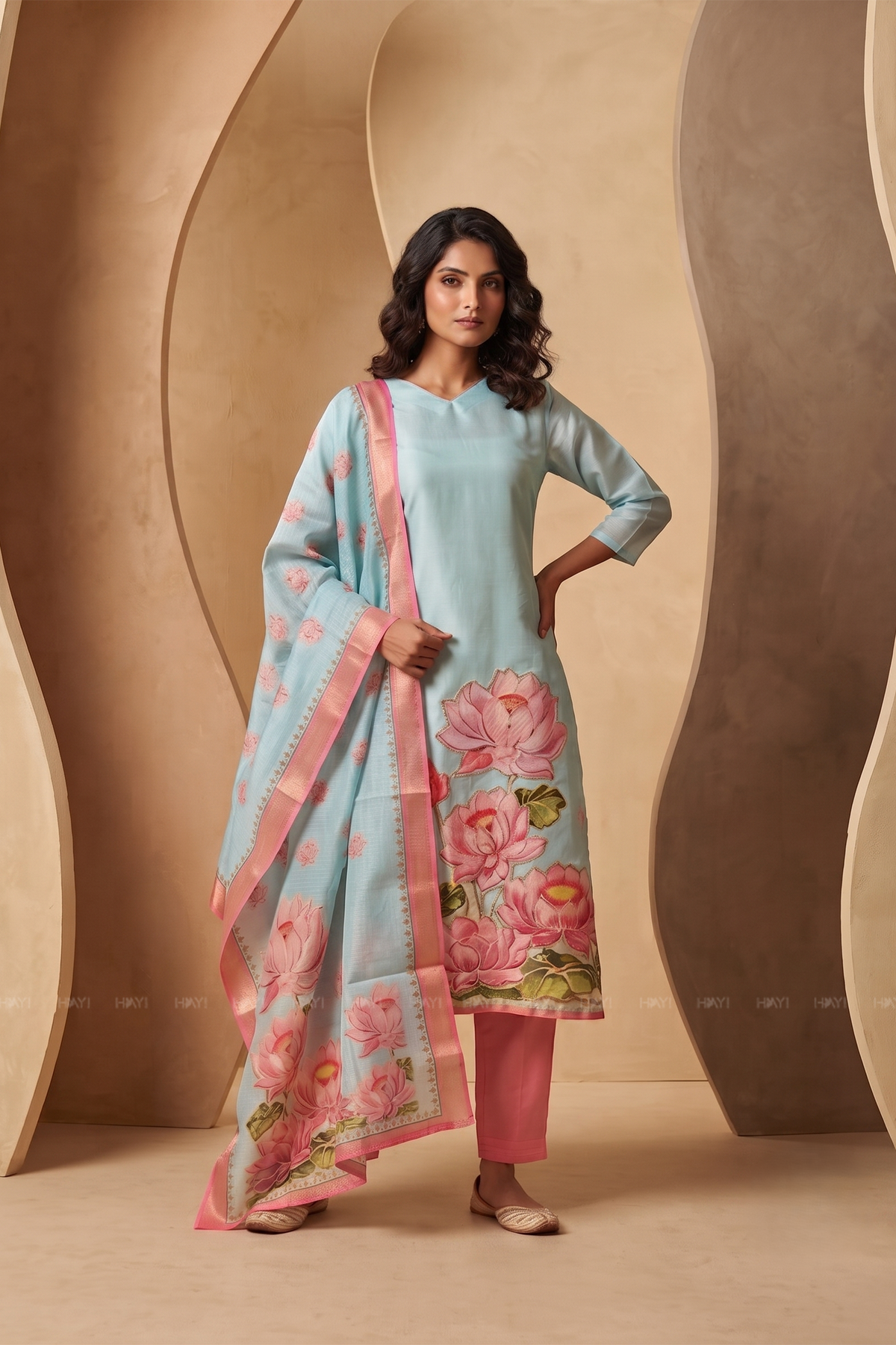 Lotus Mist Blue Printed 3 Piece Shimmer Tissue Kurti Set with Dupatta