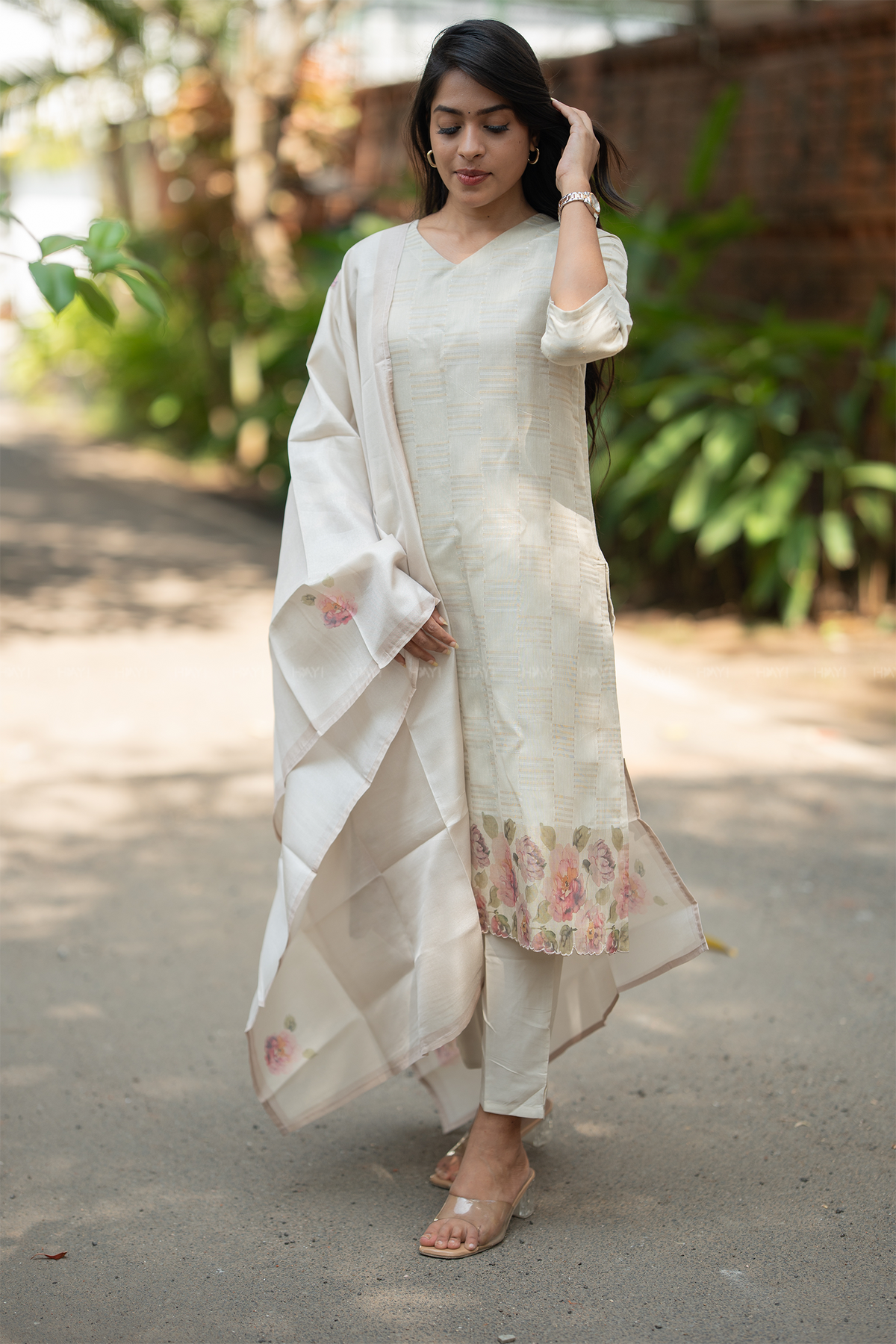 Rosvika Pearl Printed Tussar Checks Kurta Set with Dupatta