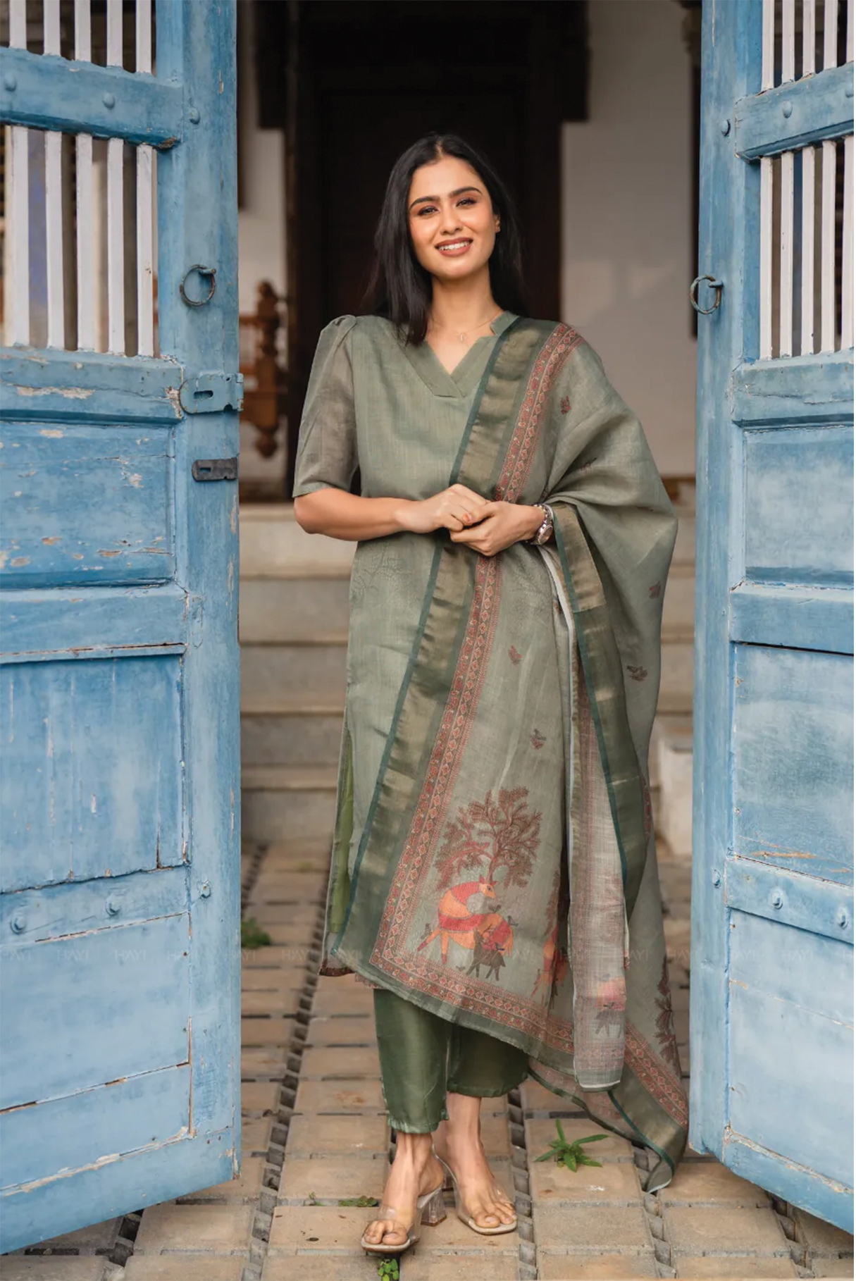 Mirga Green 3 Piece Linen Blend Printed Kurta with Pant &amp; Dupatta