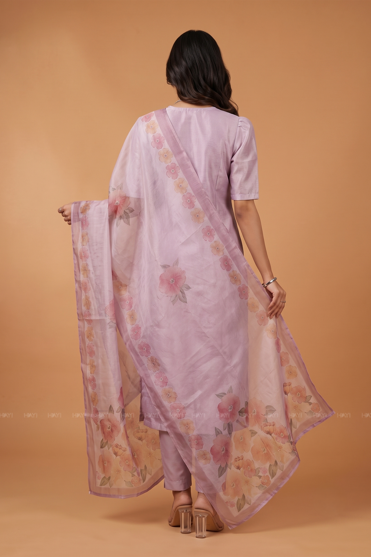 Lilac Blossom 3 Piece Crush Silk Blend Hand-Embroidered Kurta with Pant &amp; Dupatta