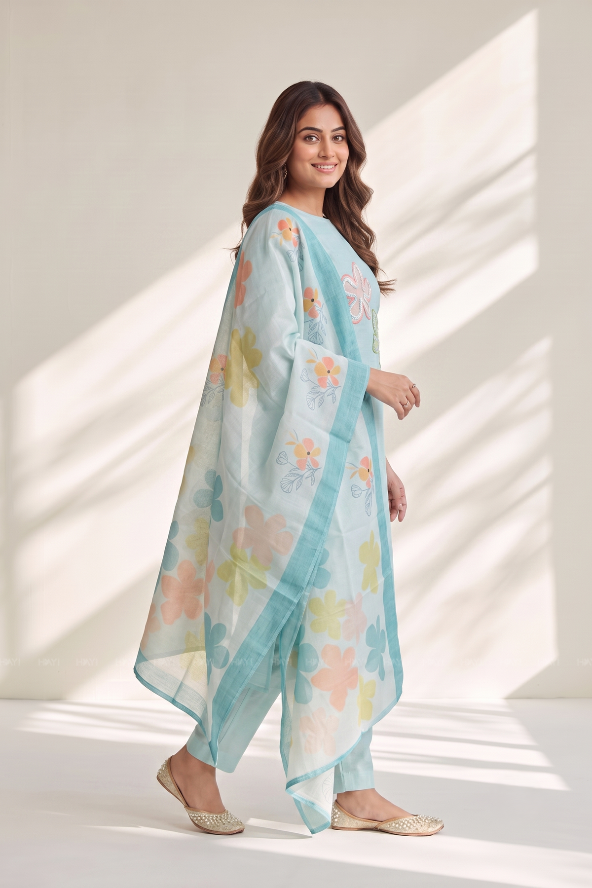 Blueish Blue 3 Piece Tussar Silk Blend Printed Hand-Embroidered Kurta with Pant &amp; Dupatta