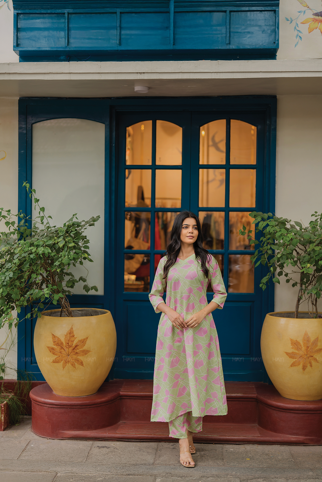 Fanci Green with Tangled Blush printed Linen Blend Co Ords
