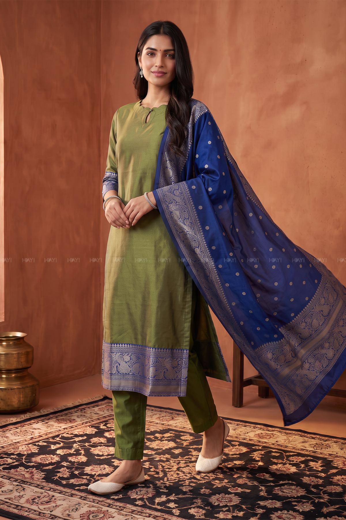 Olive Glow Green Silk Blend 3-Piece Woven Kurta Set