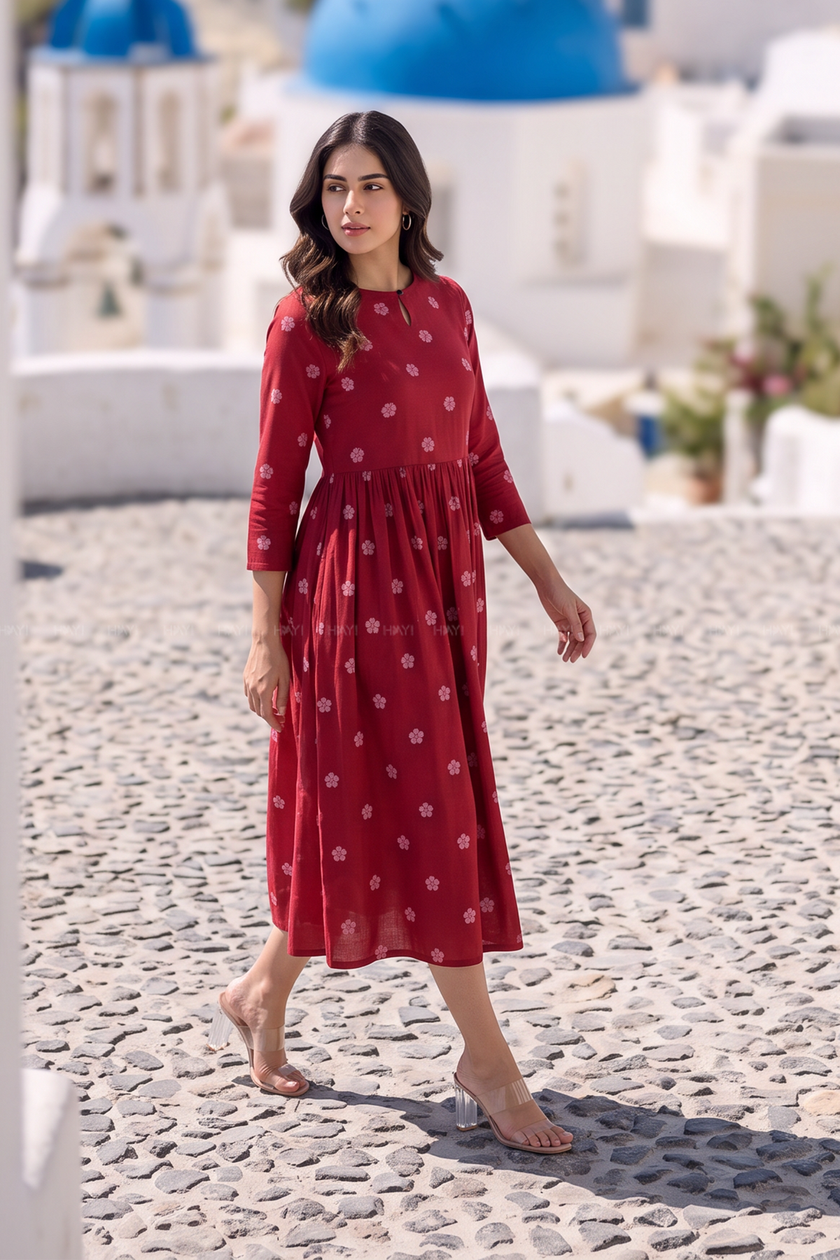 Ruby Meadow Red Viscose Printed Umbrella Dress