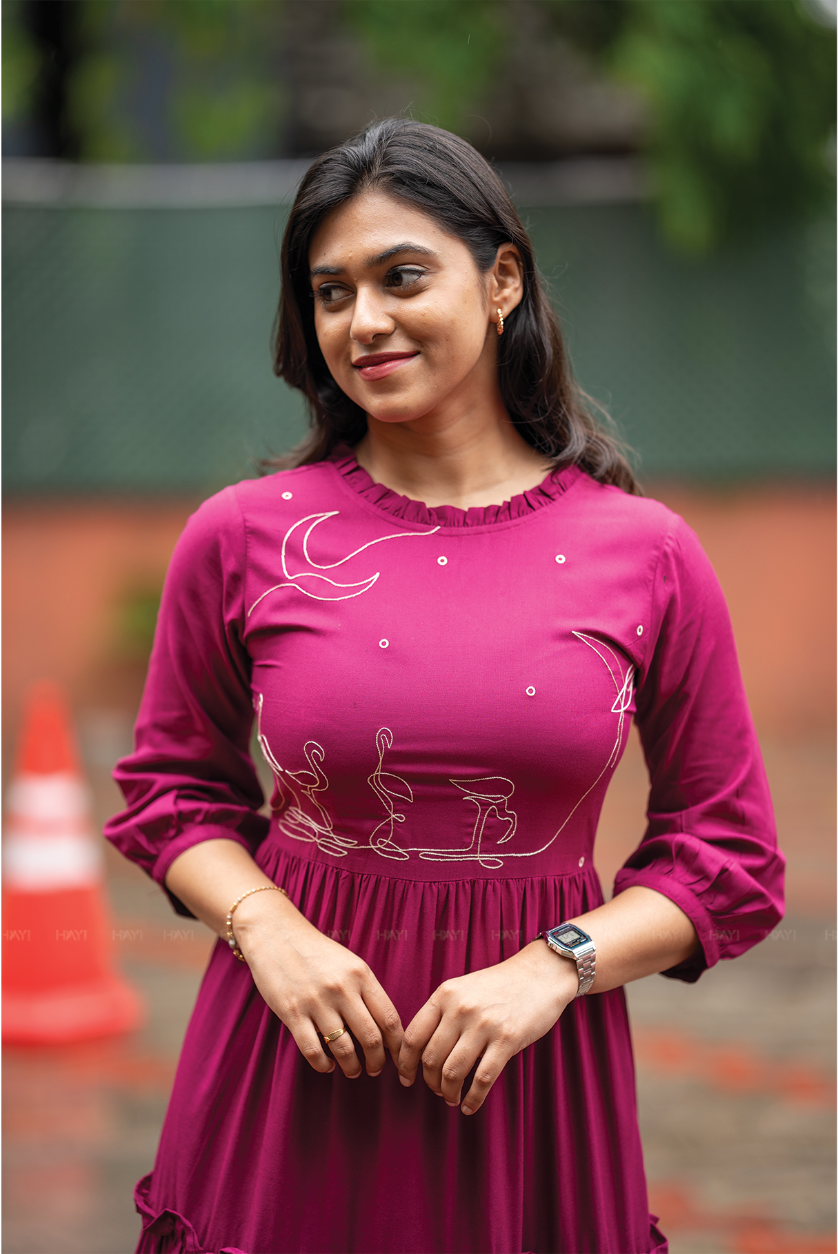 Moonlit Swans Violet Viscose Dress with Frill Neck &amp; Embroidered Yoke