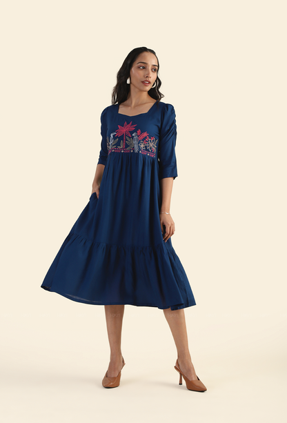 Charming Navy Whispering Toucan with Embroidery Dress