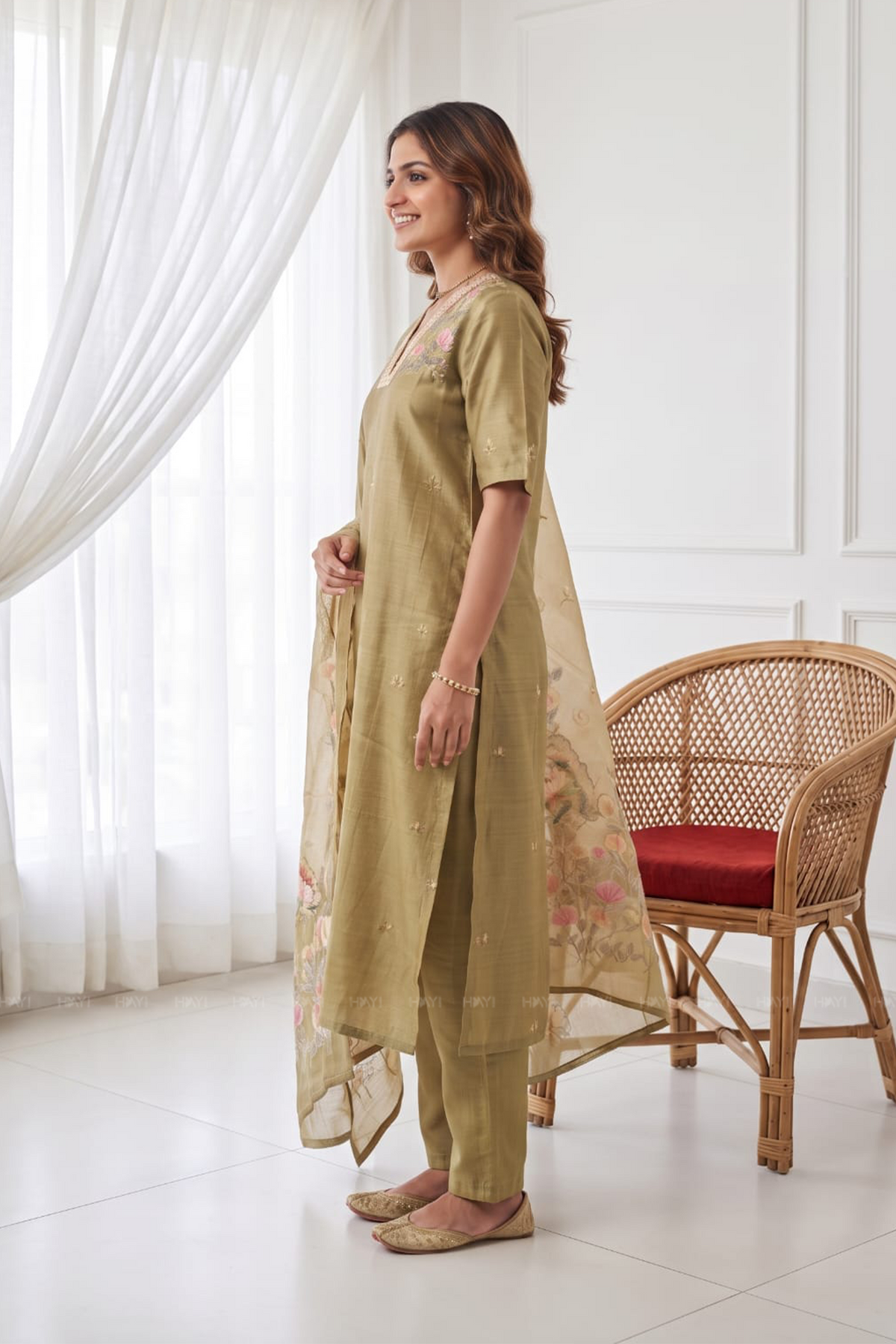 Classic Natural Yellow 3-Piece Tussar Silk Blend Floral Hand-Embroidered Kurta with Pant &amp; Dupatta