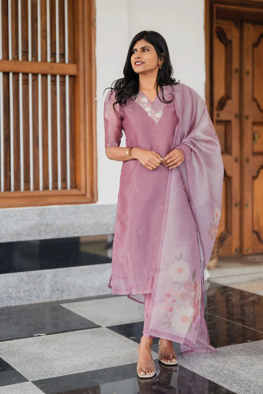 Pinkshift Shimmer 3 Piece Tissue Hand-Embroidered Kurta with Pant &amp; Dupatta