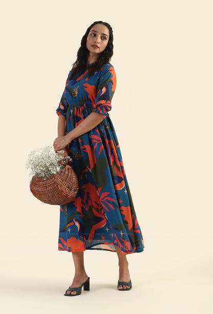Jungle Blue Fluttering Wings Viscose Printed Dress