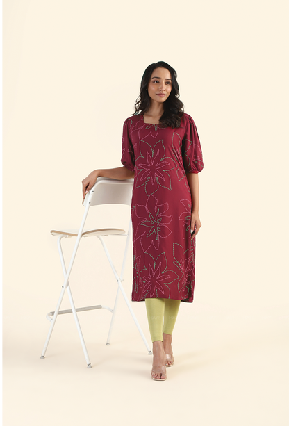 Crimson Maroon Garden Viscose Printed Kurta