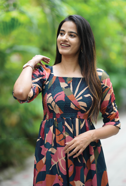 Multicolour With Jungle Serenity Smocked Viscose Dress