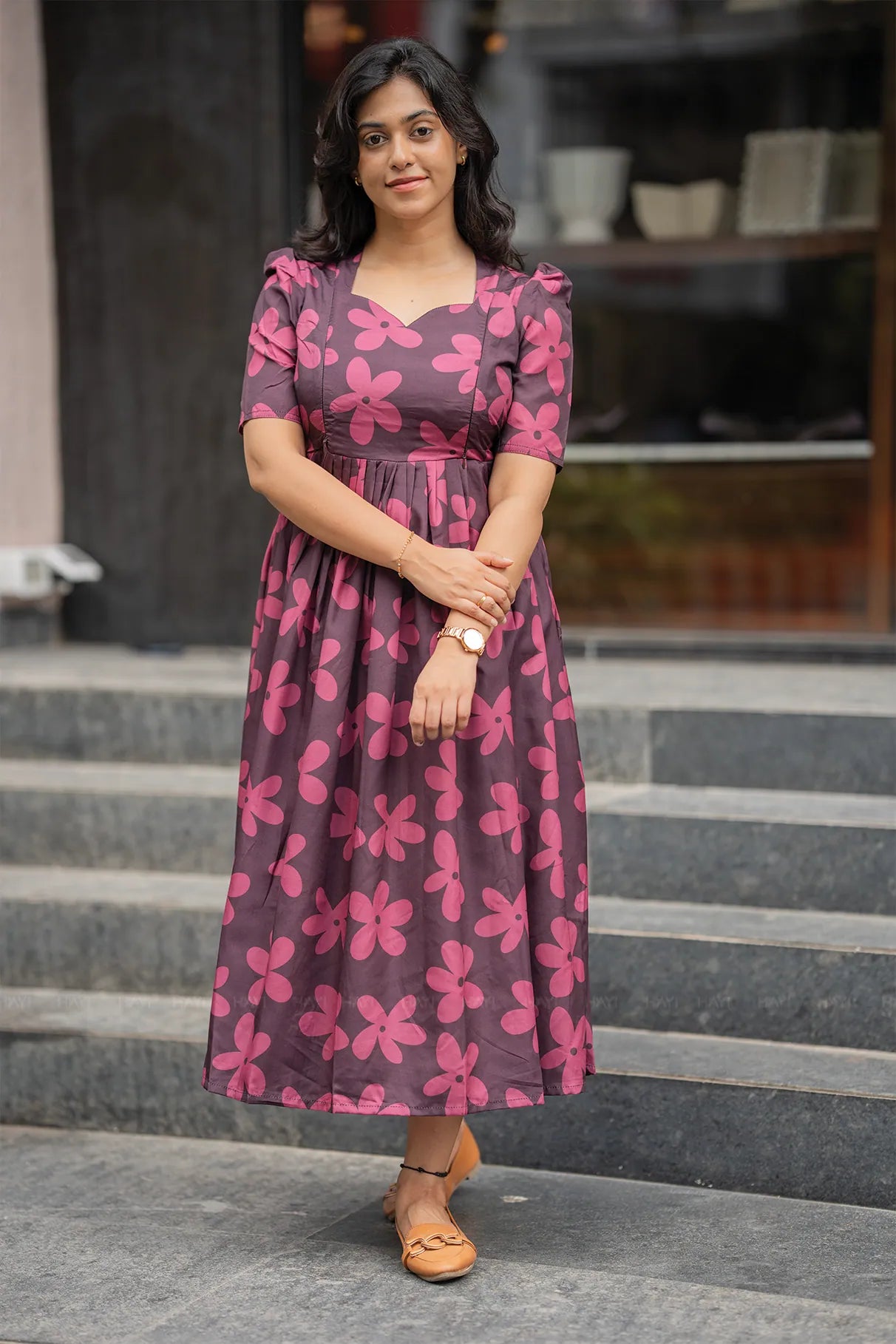 Dark Smoky Bloom Brown Printed Maternity and Feeding Maxi Wear