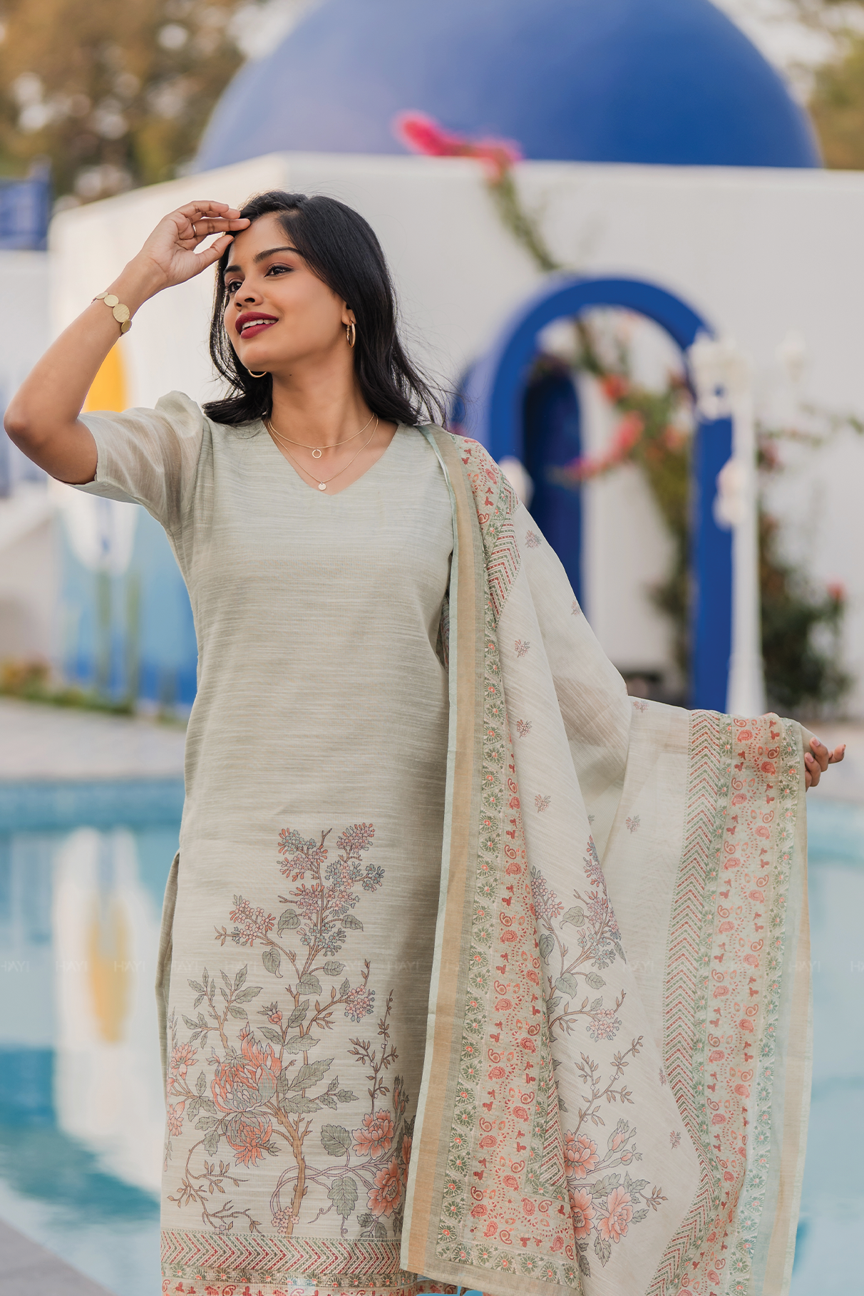 Haryeeka Printed 3 Piece Linen Shimmer Kurta Set with Dupatta