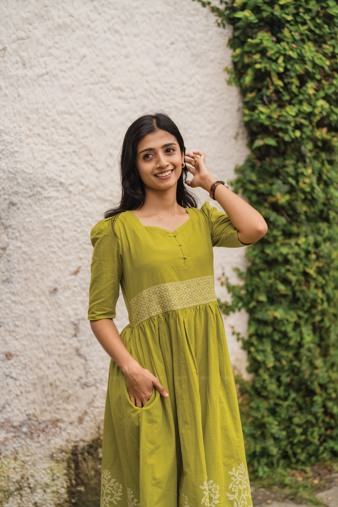 Sage Drape Green Handloom Dress with Sweetheart Neck &amp; Leg-O-Mutton Sleeves