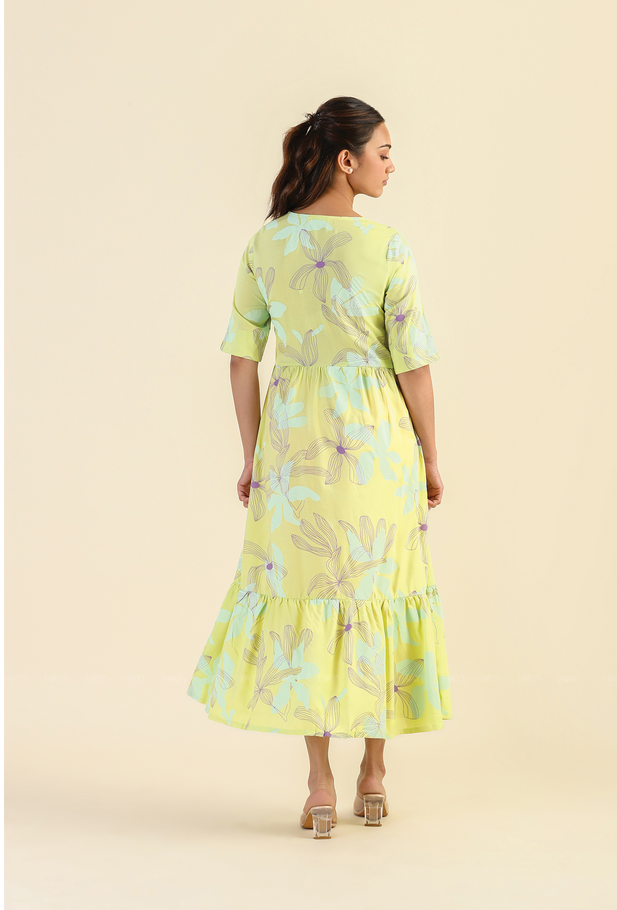 Lime Botanic Strokes Viscose Printed Dress