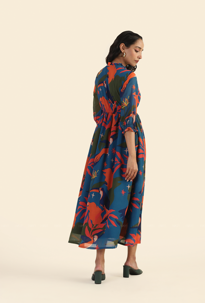 Jungle Blue Fluttering Wings Viscose Printed Dress