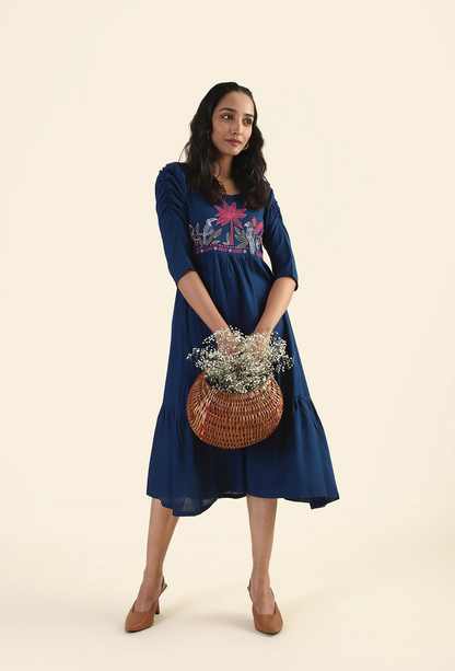 Charming Navy Whispering Toucan with Embroidery Dress