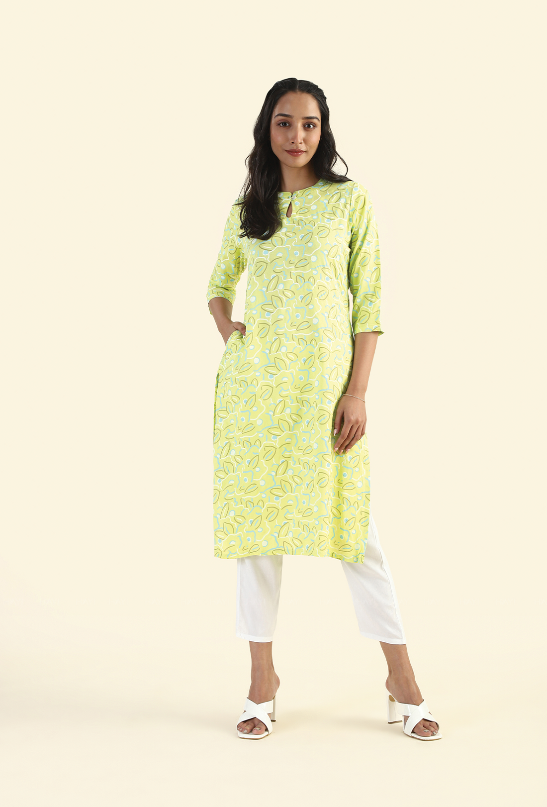 Pasture Green Monochrome meadow Viscose Printed Kurta