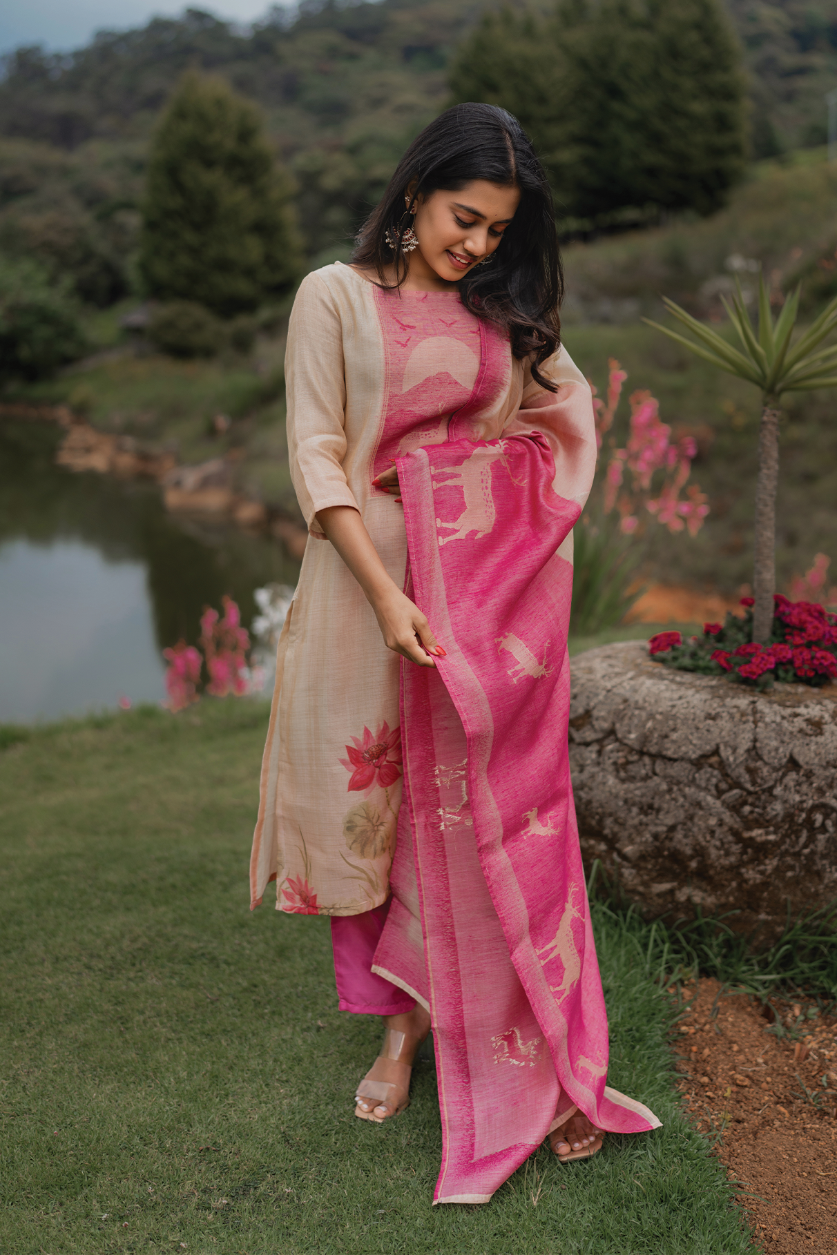 Lotus Lara Printed 3 Piece Tussar Silk Blend Kurta Set with Dupatta