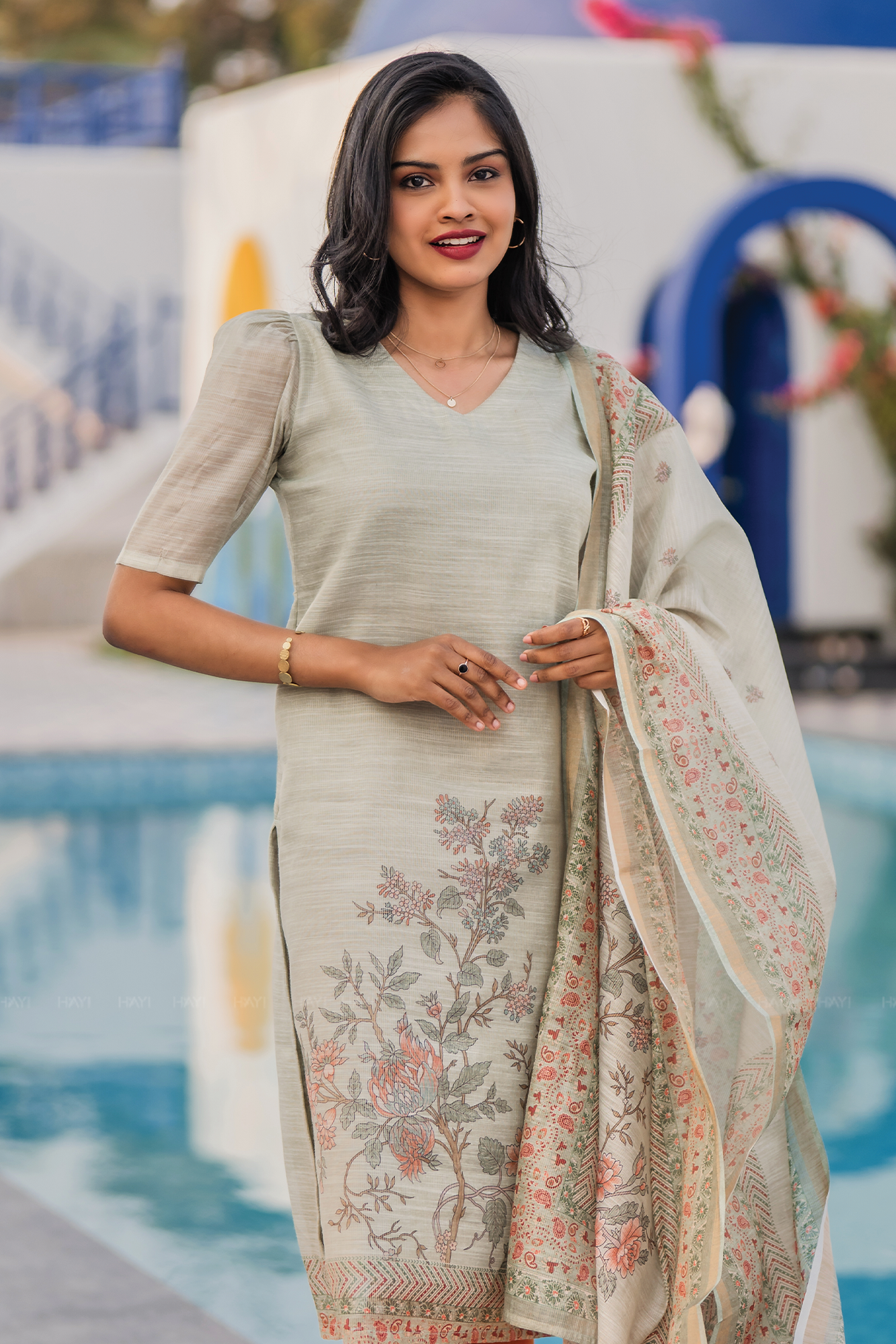 Haryeeka Printed 3 Piece Linen Shimmer Kurta Set with Dupatta