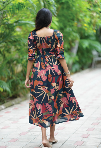 Multicolour With Jungle Serenity Smocked Viscose Dress