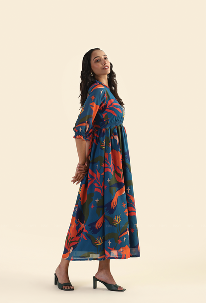 Jungle Blue Fluttering Wings Viscose Printed Dress
