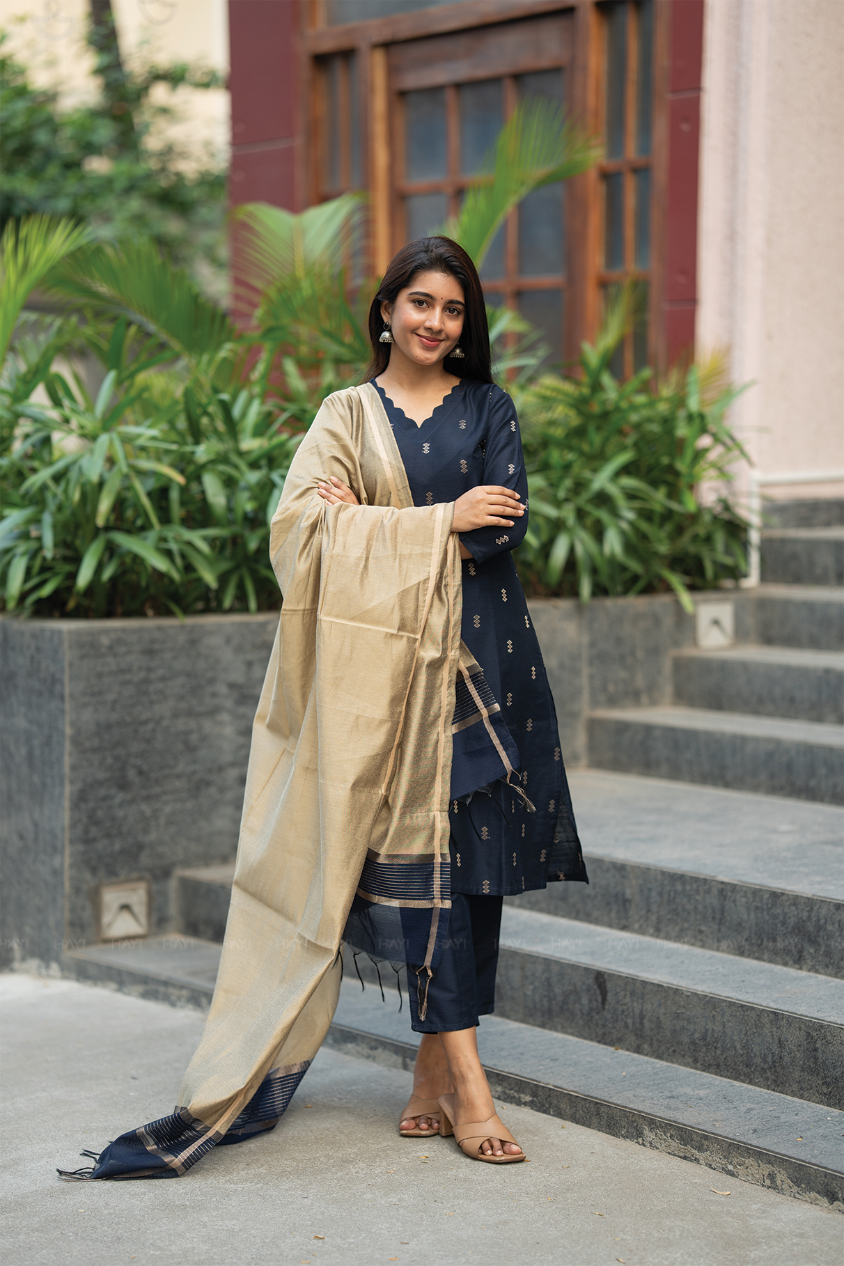 Neelika Navy 3 Piece Viscose Jacquard Weave Kurta with Pant &amp; Dupatta