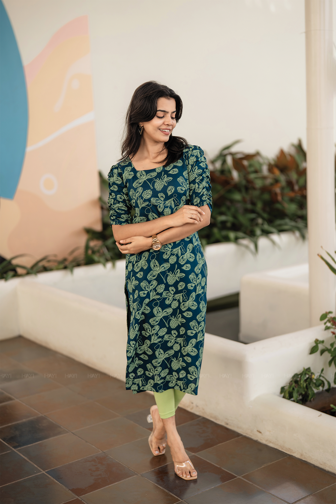 Pinecone Teal Blue Viscose Blend Kurti with Pot Neck &amp; Puff Sleeves