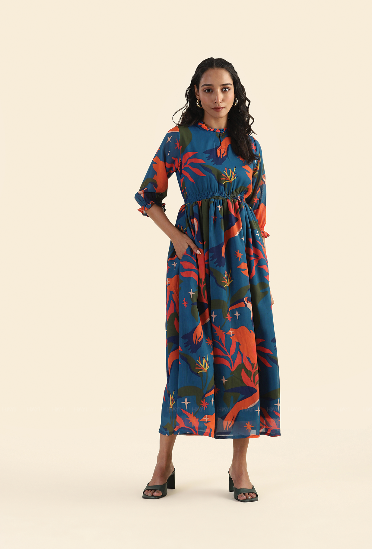 Jungle Blue Fluttering Wings Viscose Printed Dress