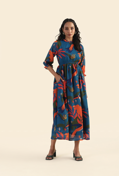 Jungle Blue Fluttering Wings Viscose Printed Dress