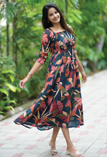 Multicolour With Jungle Serenity Smocked Viscose Dress