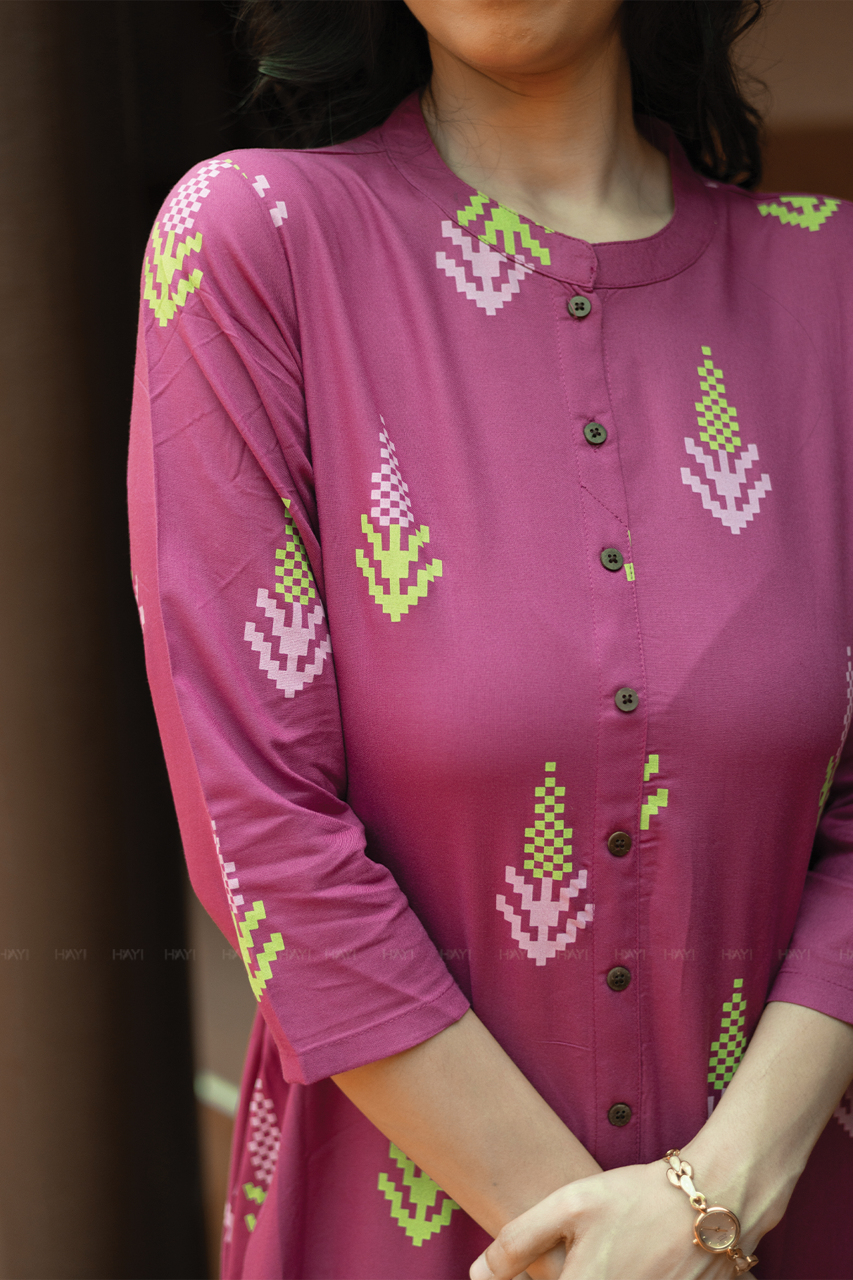 Heritage Glow Violet Viscose A-line Kurta with Chinese Collar neck &amp; 3/4th Sleeves