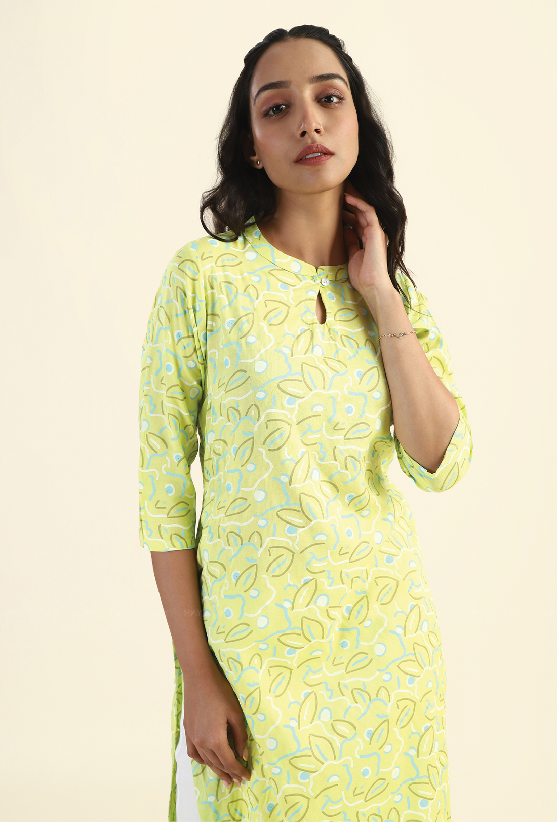 Pasture Green Monochrome meadow Viscose Printed Kurta