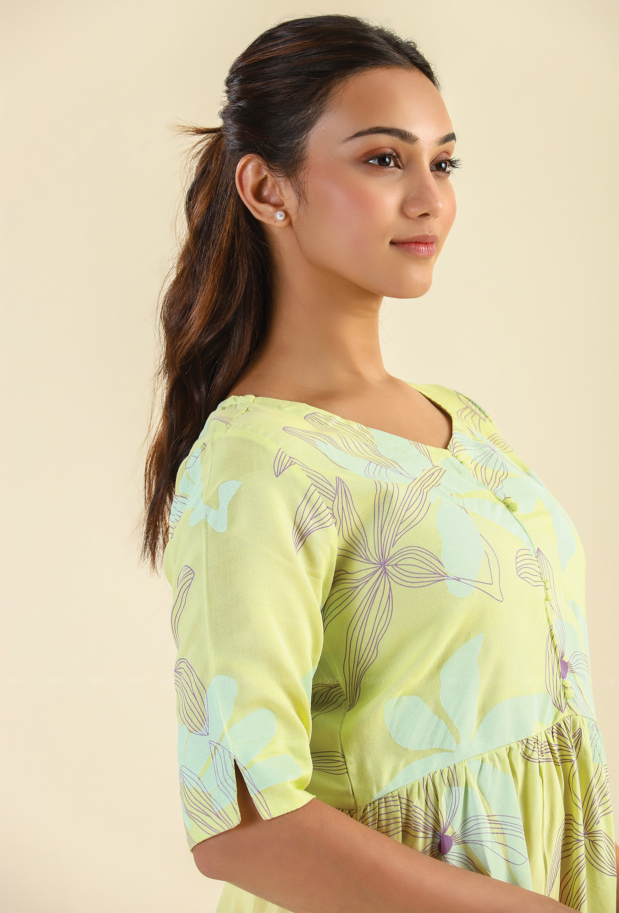 Lime Botanic Strokes Viscose Printed Dress