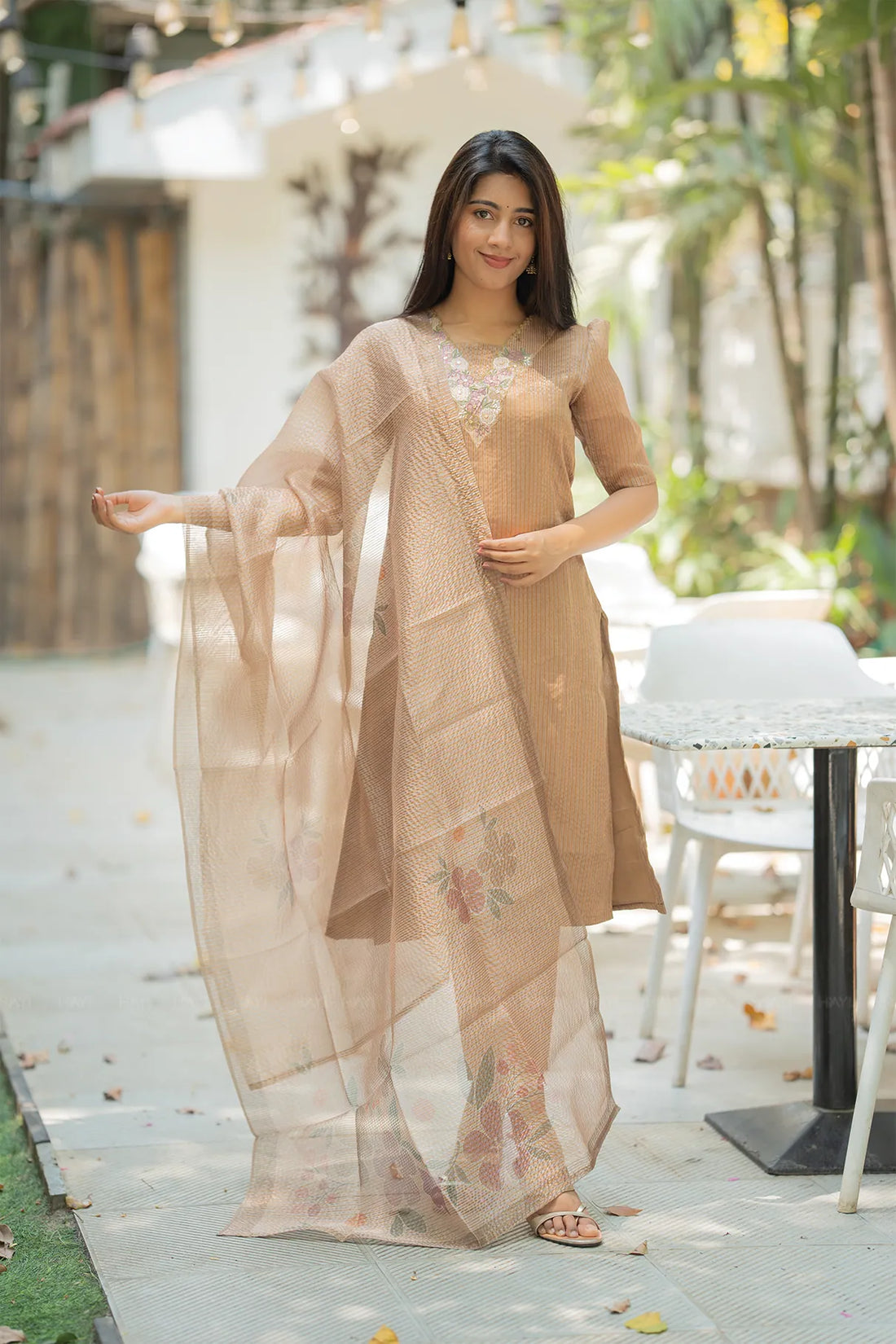 Serene Beige Floral Yellow Crush Silk Kurta Set with Dupatta